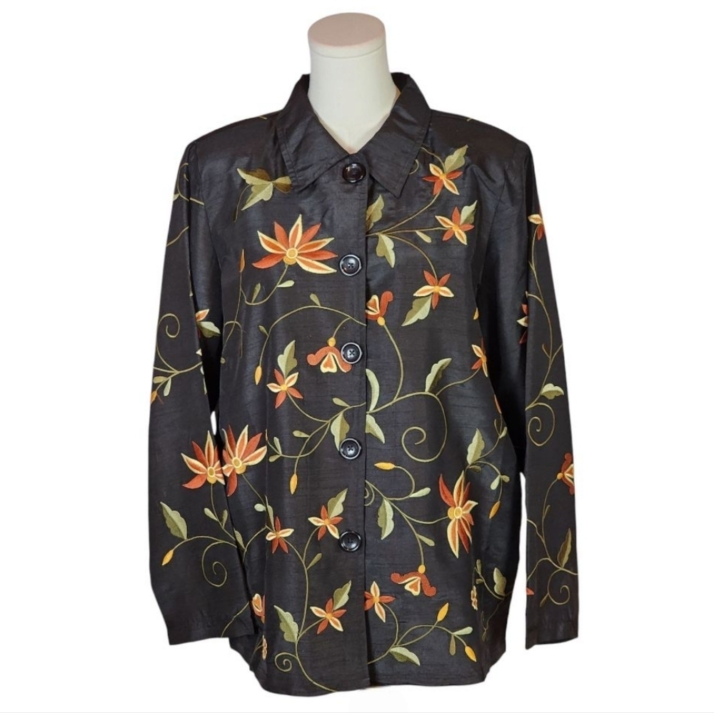 Brownstone Studio Y2K Floral Embroidered Black Button Jacket L